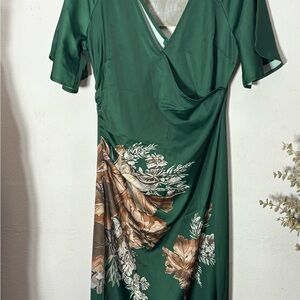 Emerald Green SilkyFloral Midi kimono style faux wrap Dress
